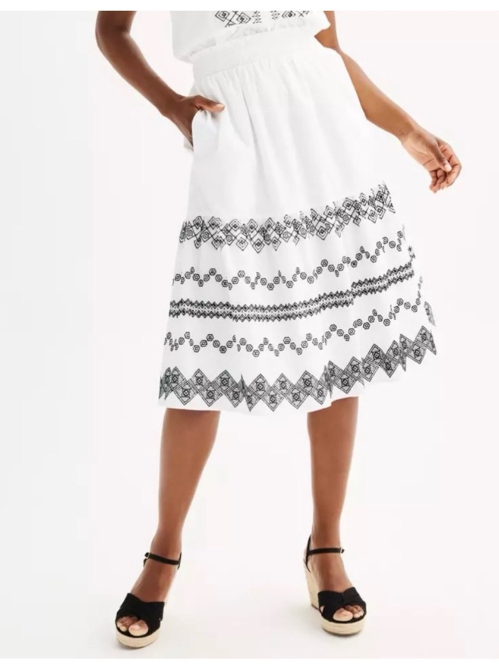 Draper Jame Embroidered Midi Skirt Womens XL Black & White Smocked Waist A-Line